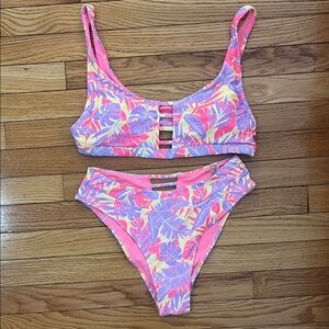 SHEIN Pink and Purple Leaf Print Bikini